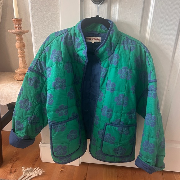 Free People Jackets & Blazers - Free People Green and Blue Quilted Cotton cropped jacket